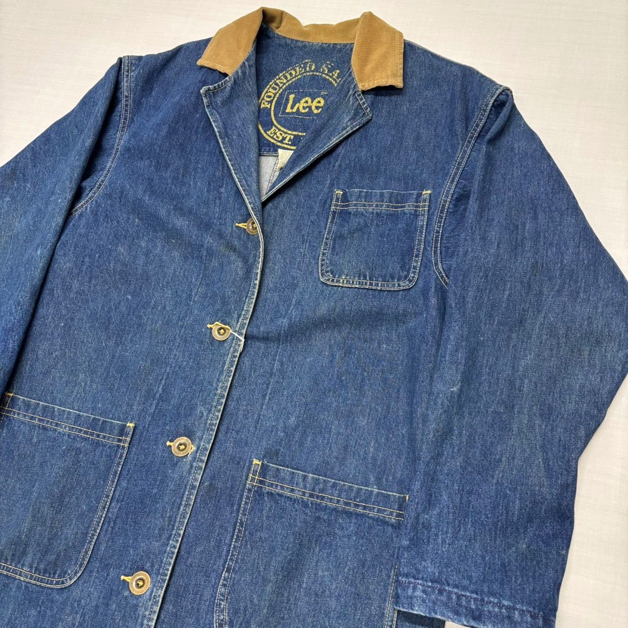 80s USA製 Lee デニム ショップコート M 襟コーデュロイ ロング丈