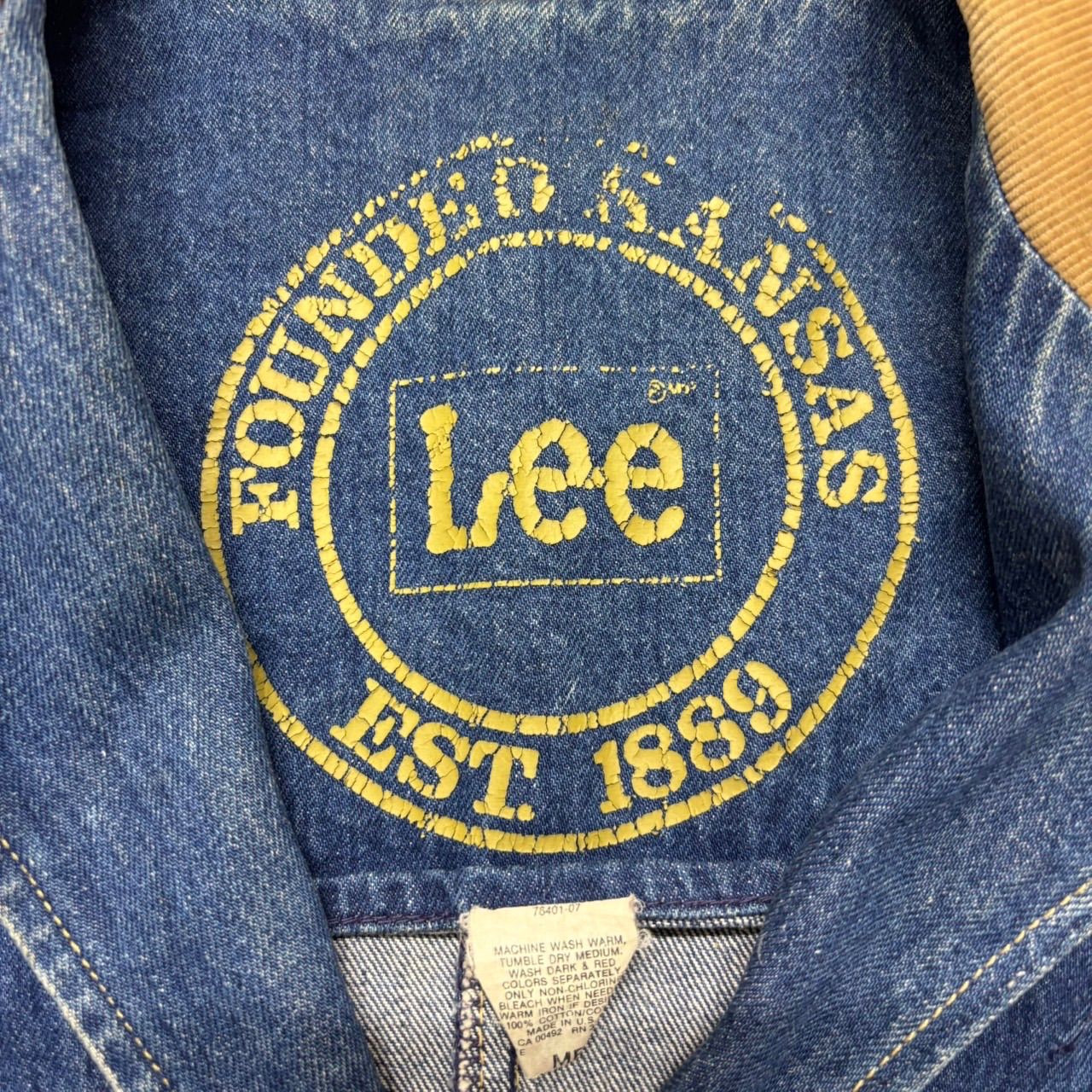 80s USA製 Lee デニム ショップコート M 襟コーデュロイ ロング丈 