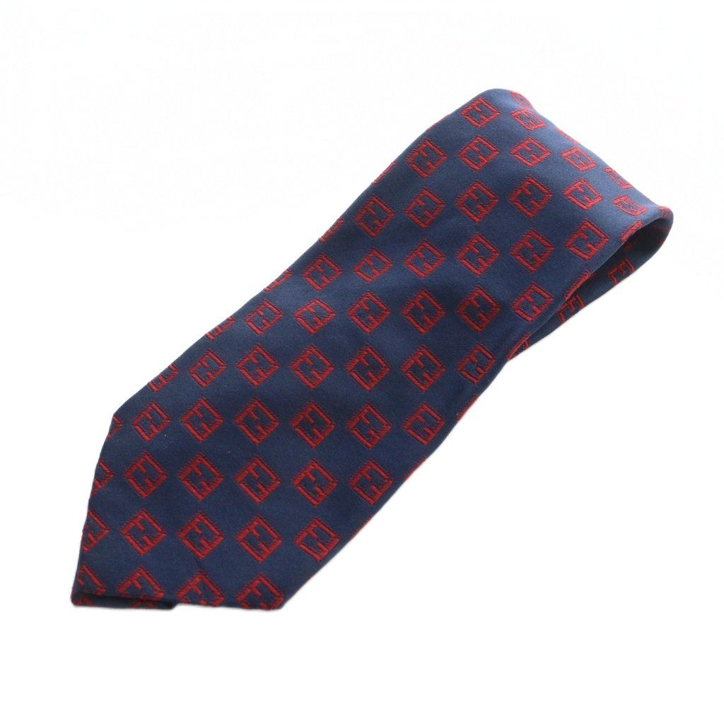 フェンディ FENDI ネクタイ レギュラータイ ロゴ 総柄 絹 シルク 紺