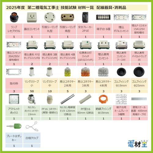度 第二種電気工事士 技能試験 練習 材料 セット A 全13問 電線1回分 配線器具 令和7年度 練習用材料 技能試験セット プレート外しキー 合格クリップ 付き 電材王po 6 d 342 f 93
