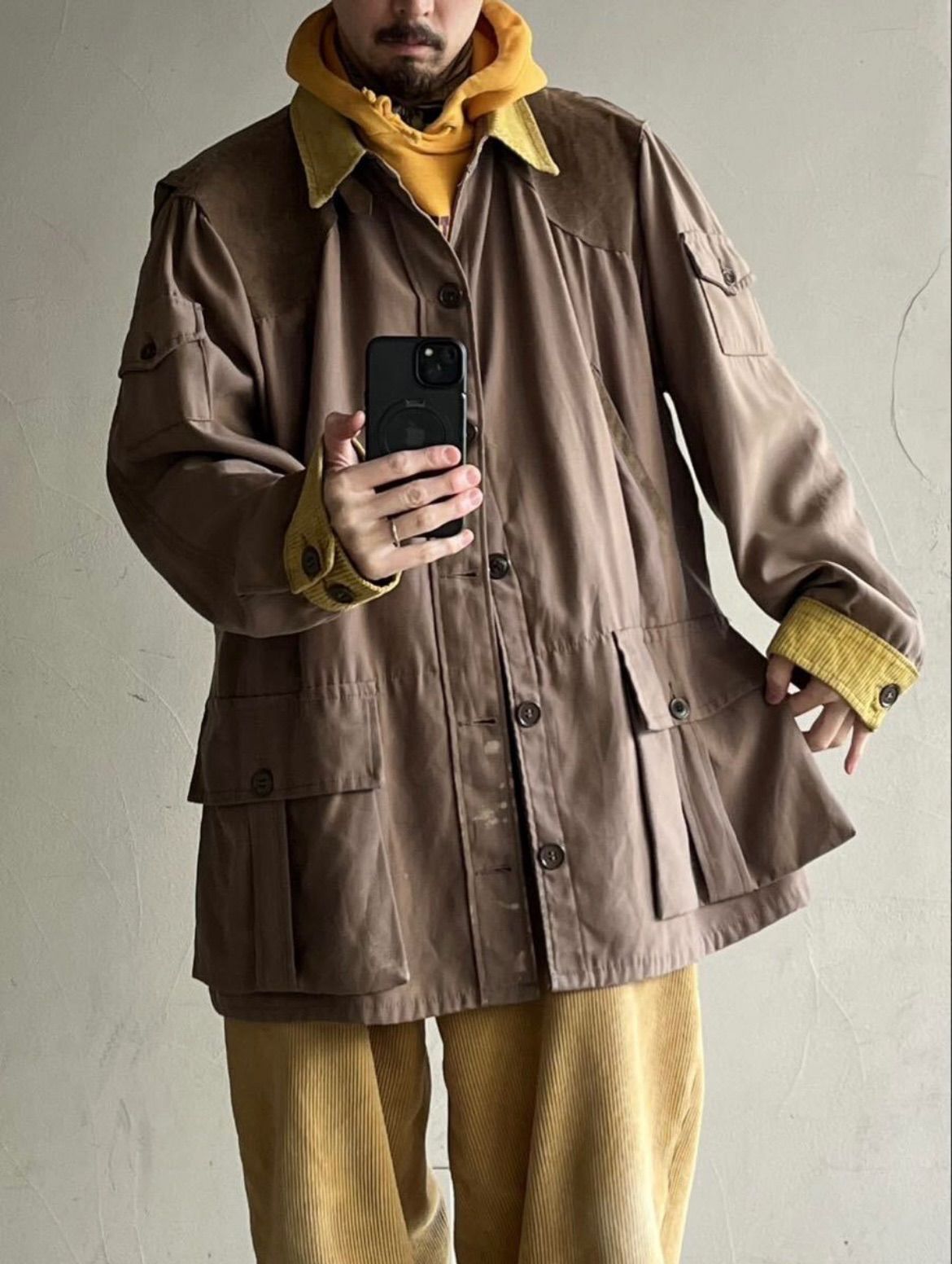 60s USA vintage ハンティング ジャケット / XL コットン ギャバジン ベージュ イエロー コーデュロイ スエード ビンテージ O5-11007-9979