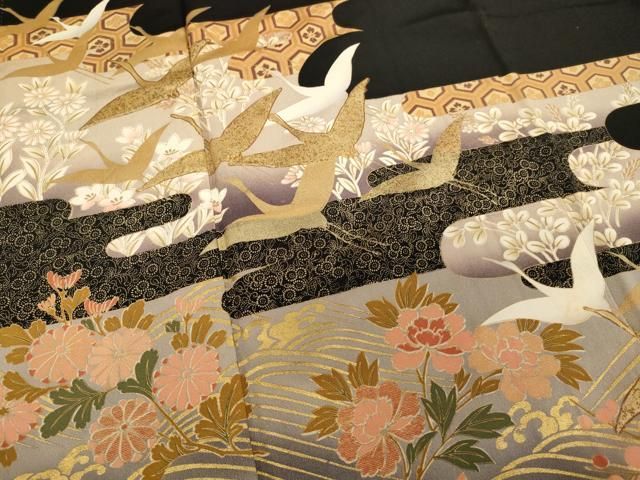 平和屋着物□豪華黒留袖 駒刺繍 エ霞飛鶴花文 金彩 正絹 逸品