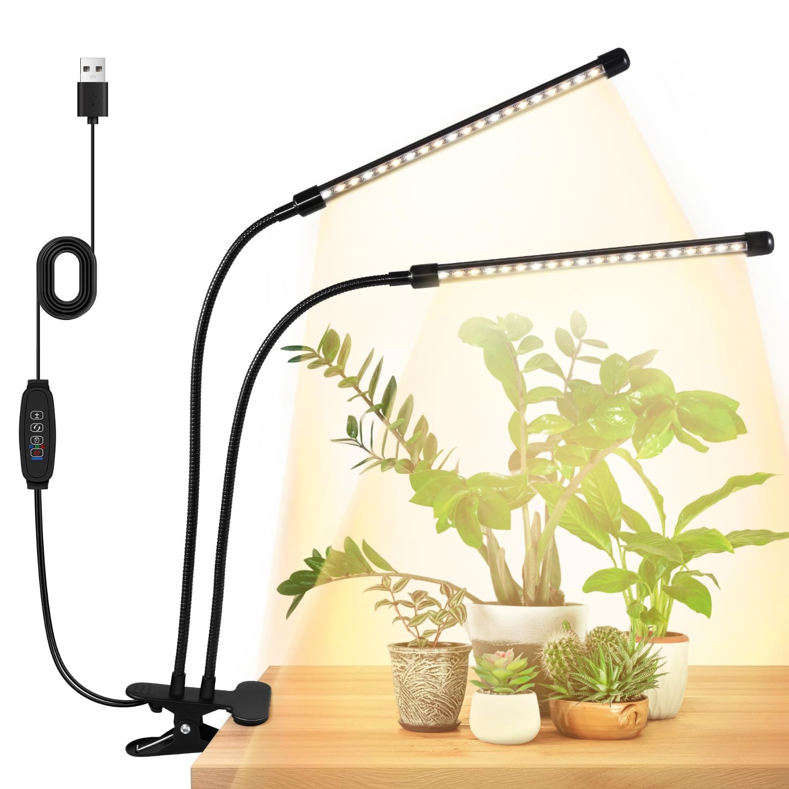 led 2ヘッド クリップ式 フルスペクトル 植物成長ランプ 10段階調光