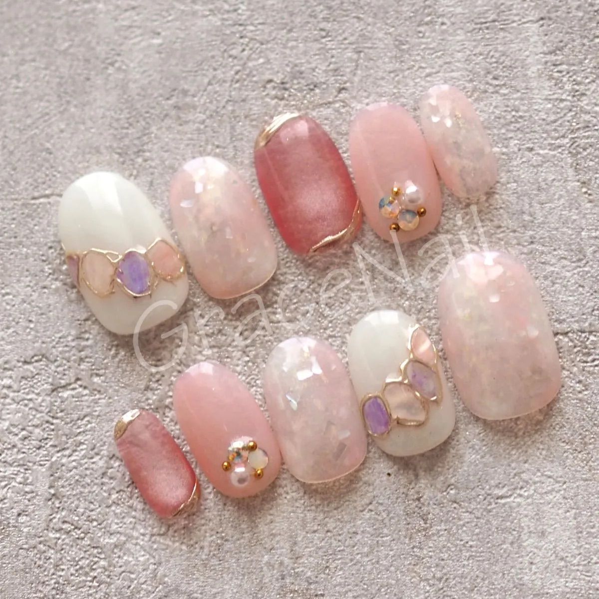 No.2190 現品販売！ネイルチップ ピンク/シェル/マグネット - メルカリ
