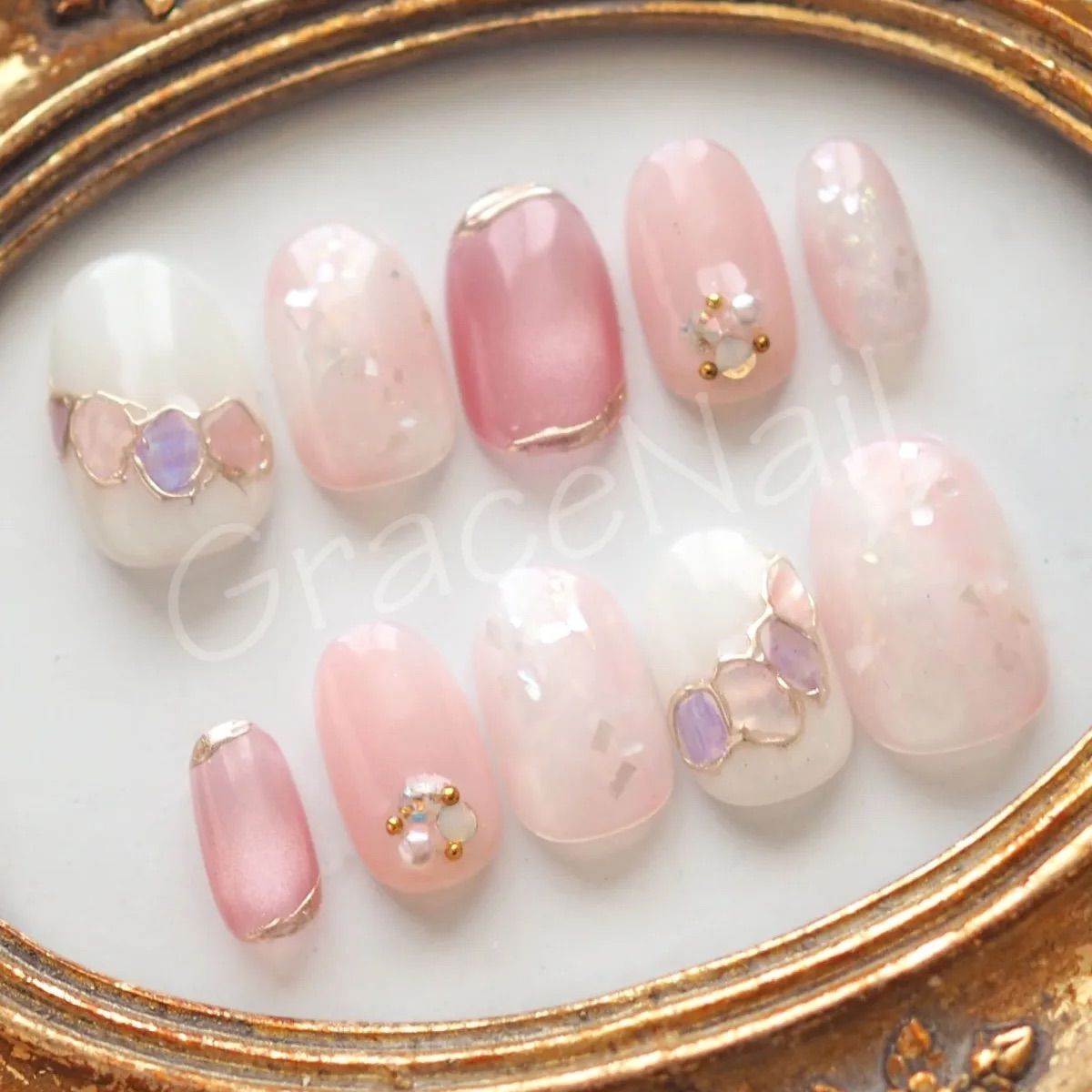No.2190 現品販売！ネイルチップ ピンク/シェル/マグネット - メルカリ