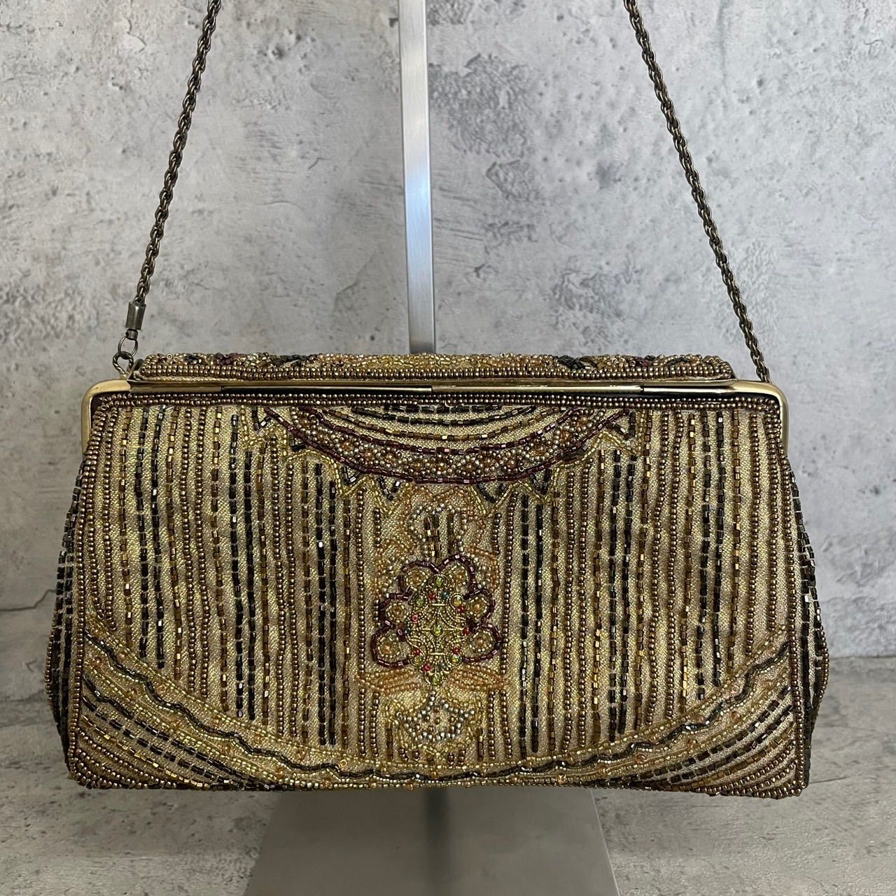 極美品 ビーズバッグ ワンショルダー ビジュー ゴールド 金 和装