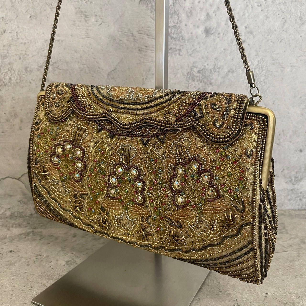 極美品 ビーズバッグ ワンショルダー ビジュー ゴールド 金 和装