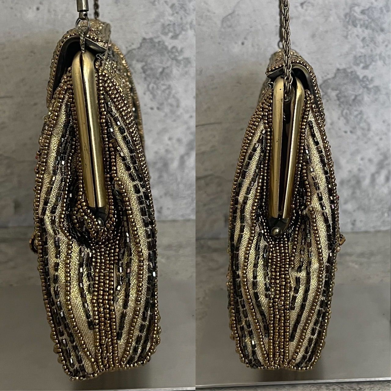 極美品 ビーズバッグ ワンショルダー ビジュー ゴールド 金 和装