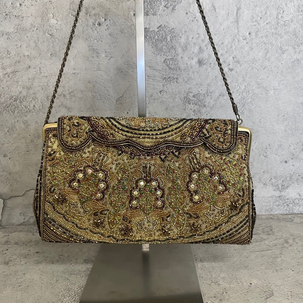 極美品 ビーズバッグ ワンショルダー ビジュー ゴールド 金 和装