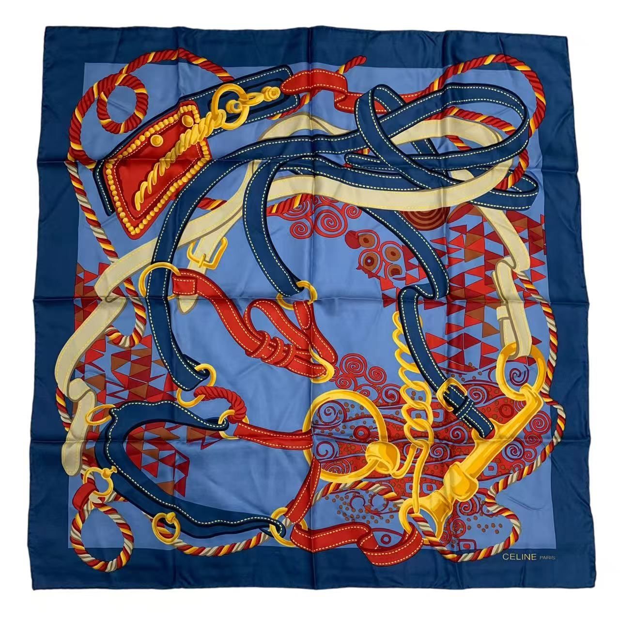 極美品 CELINE セリーヌ 大判 スカーフ チェーン ベルト 金具柄 シルク