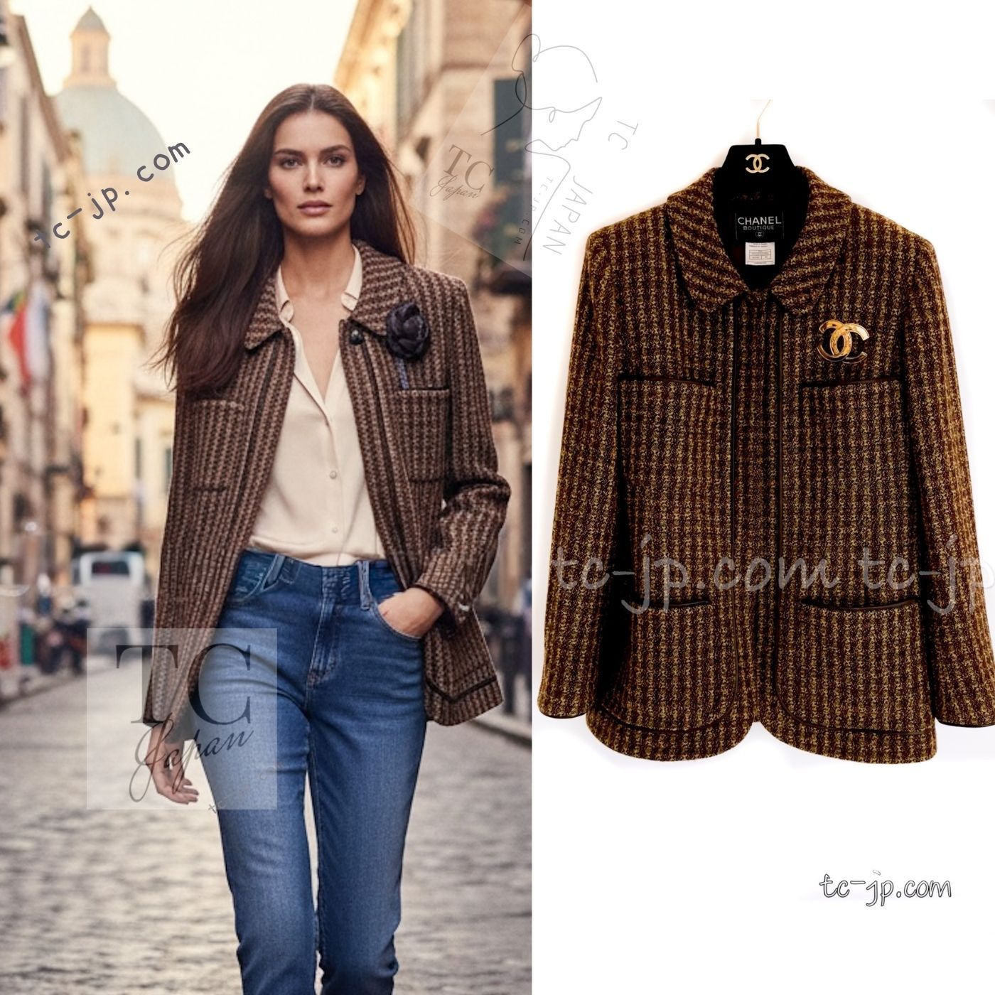 シャネル ジャケット CHANEL オリーブ ブラウン ウール レザー トリム