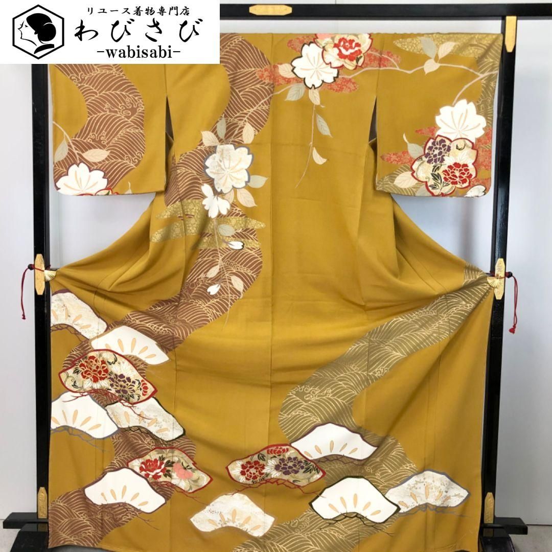 訪問着 松に花模様 金彩波模様 黄土色 トールサイズ しつけ糸 K-5728 