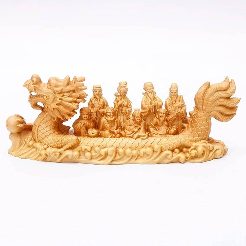 宝船　七福神　木彫り　置物　縁起物　金運　開運 新品】 七福神 開運宝船 美術品 高級天然ツゲ木彫り 縁起物 置物 木製