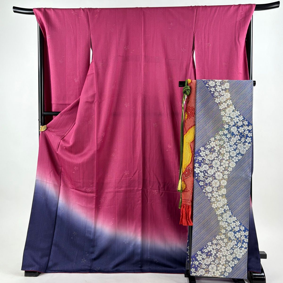❤️振袖　着丈174cm 袖丈69cm M〜Ｌ 袋帯　6点フルセット　正絹 美品】 振袖 身丈174cm 裄丈69cm L 袷 袋帯フルセット 桜 縦縞 箔