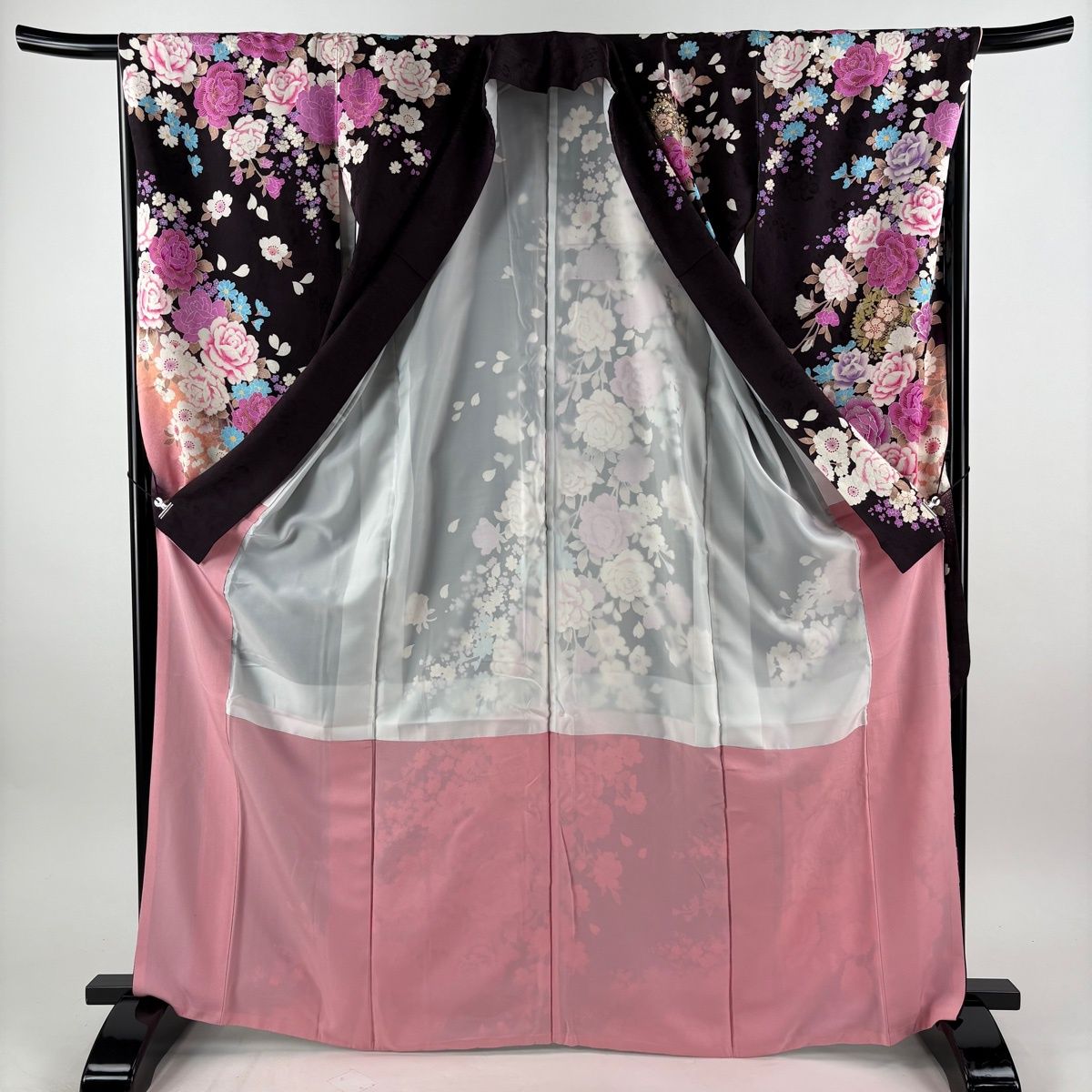 振袖 身丈168.5cm 裄丈67cm M 袷 薔薇 桜 刺繍 金銀彩 茶紫 正絹 名品