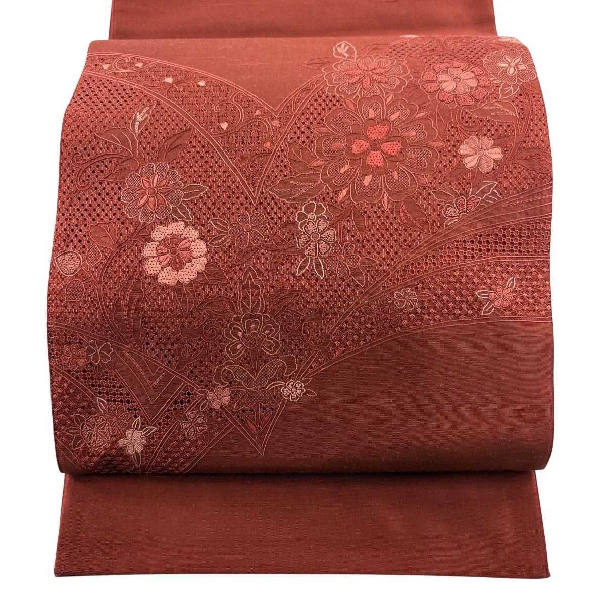 美品 秀品 紬地 鳥 草花 【ベルベット】 茜色 お太鼓柄 正絹 【中古】 ?