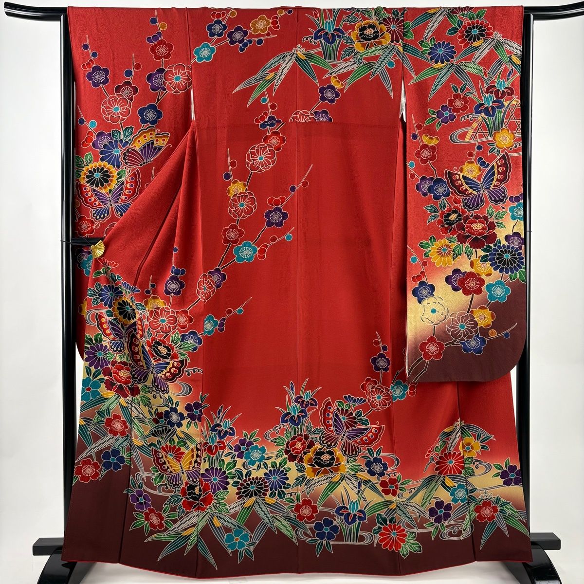 美品】 振袖 身丈166cm 裄丈64cm M 袷 草花 蝶 染分け ぼかし 赤 正絹