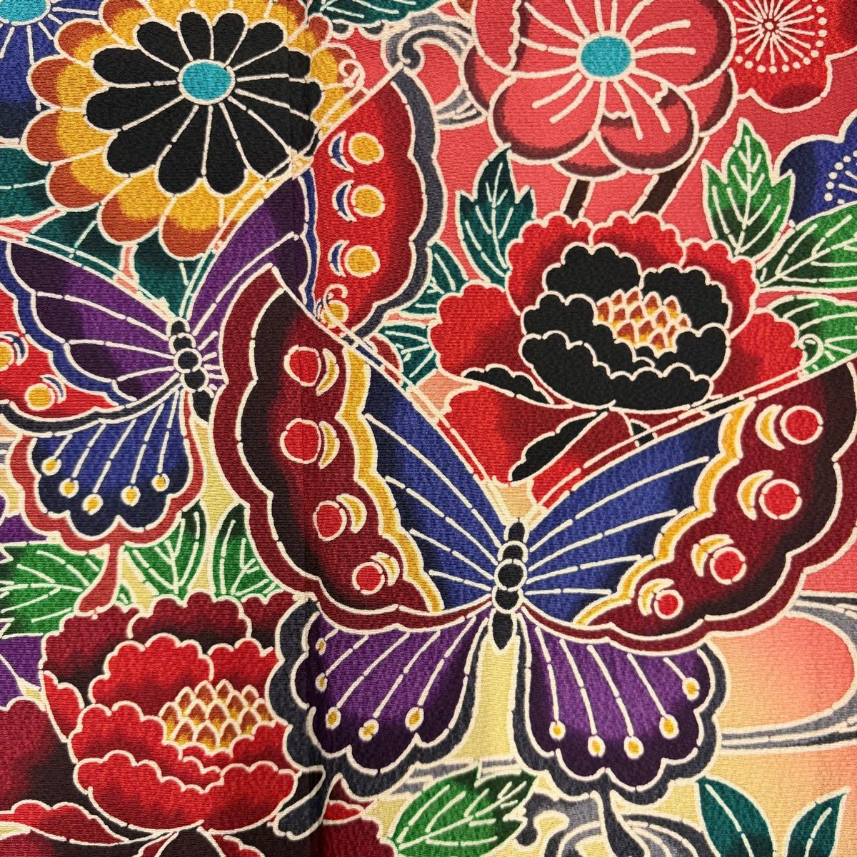 美品】 振袖 身丈166cm 裄丈64cm M 袷 草花 蝶 染分け ぼかし 赤 正絹