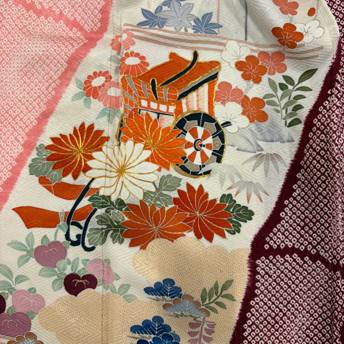 振袖 身丈163cm 裄丈65.5cm M 袷 松竹梅 御所車 金糸 金彩 クリーム 