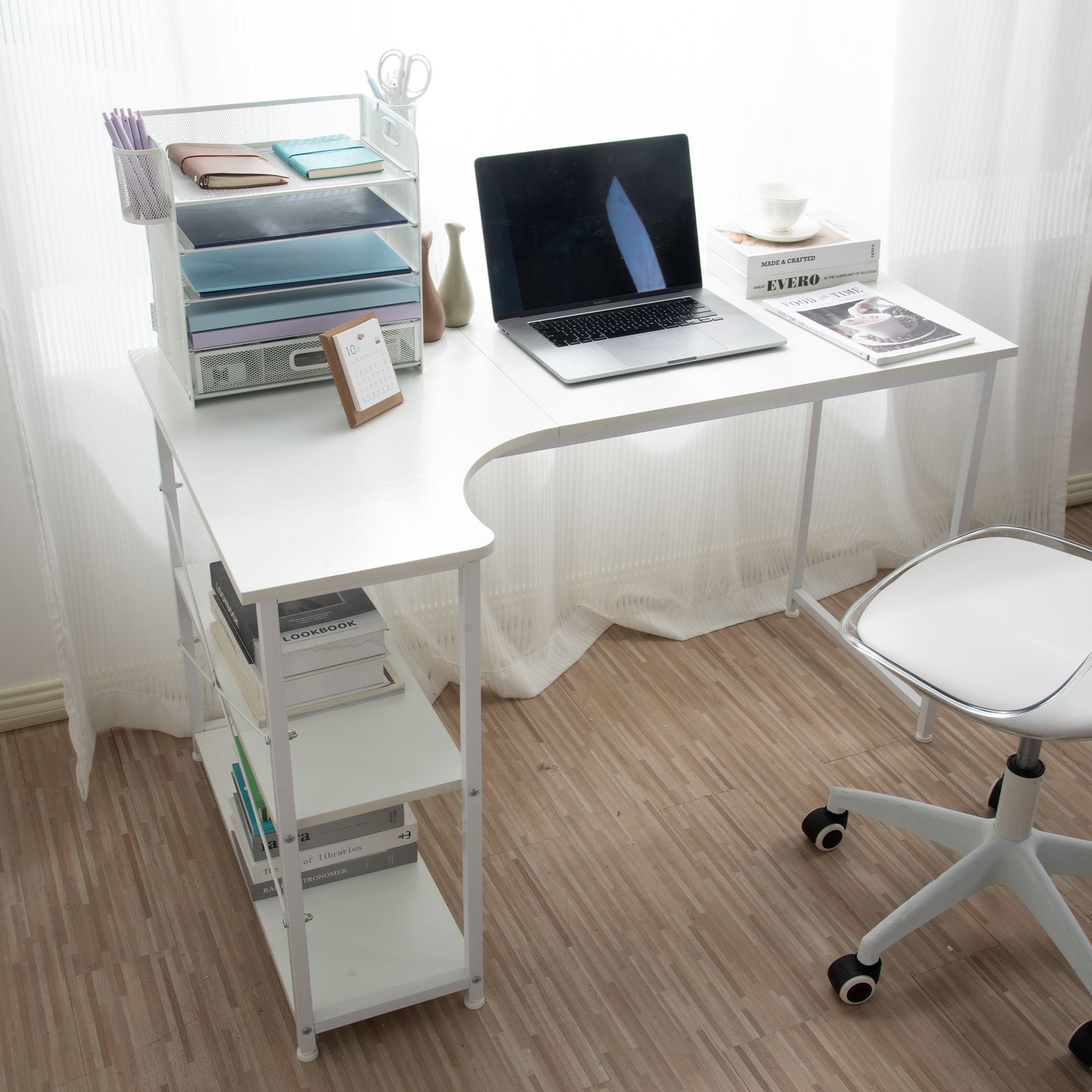 数量限定セール」 【ホワイト】パソコンデスク L字 120cm 2段ラック付