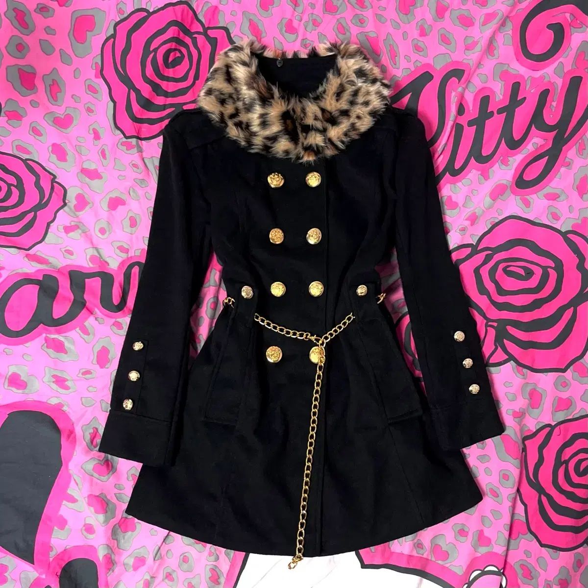 姉ギャル ゴールド レオパード ファー チェーン ベルト コート d i a깔