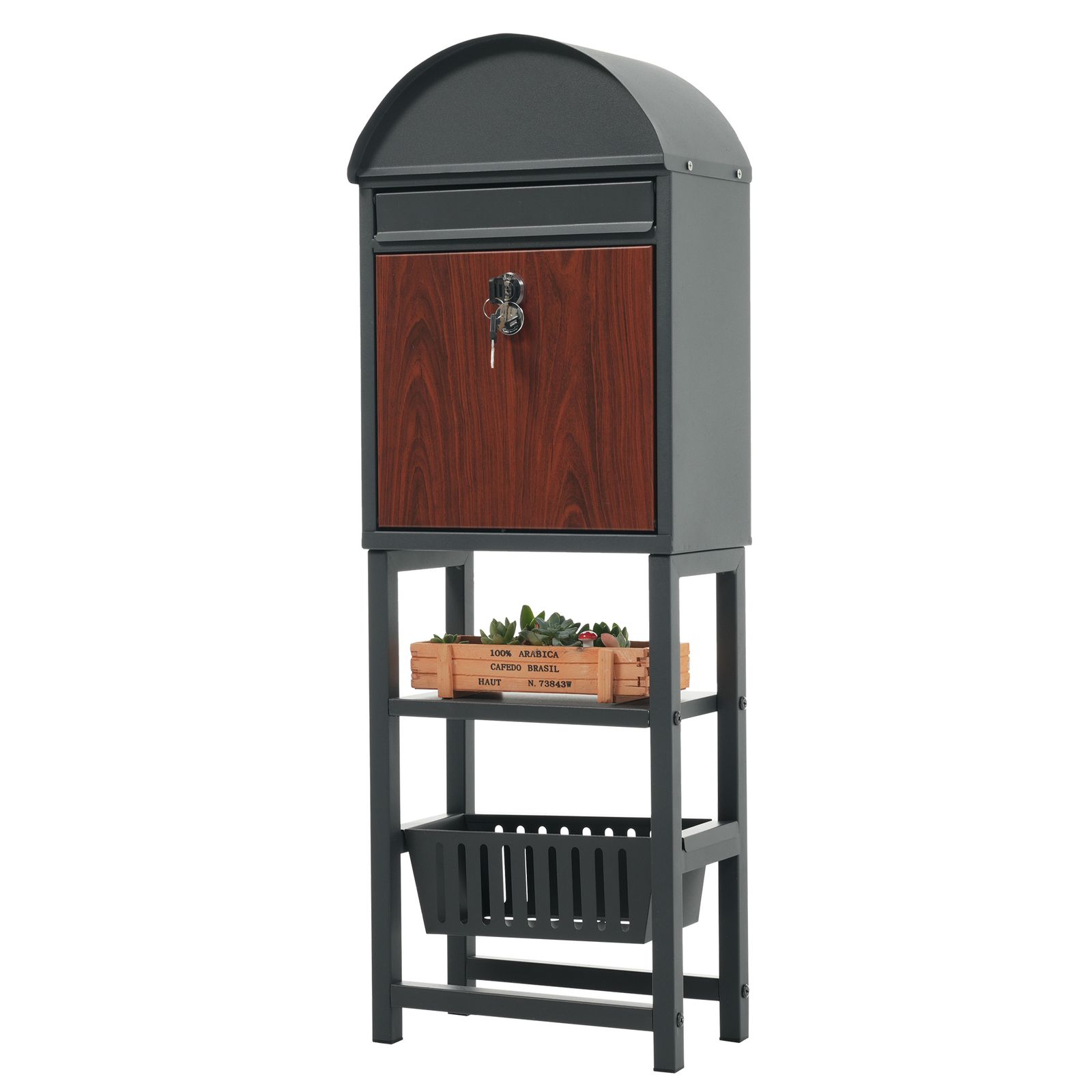 数量 セール 置き型 スタンド かご付きポスト鍵付き メ一ル便?A4対応 ポスト 北欧 一戸建て用 スタンドポスト メールボックス A4対応 新聞受け ダークグレー 木目