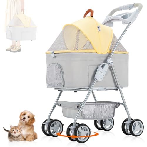 折りたたみ ペットカート 2 Way 分離型 ペットバギー 中型犬 小型犬 猫 多頭用 ペットキャリー 4輪360°回転 多機能 軽量 犬用 カート 組み立て簡単 お出かけ 散歩 通院 介護用 ペット用ベビーカー 耐荷重15 KG イエロー＆グ f 46 cfe 94