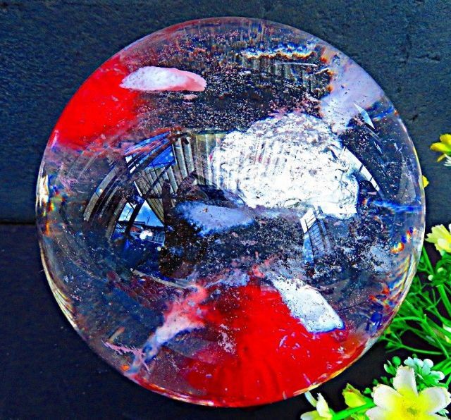 絶品超綺麗K9赤水晶丸玉☆超巨大4.27kg☆178mm台座付tk6548