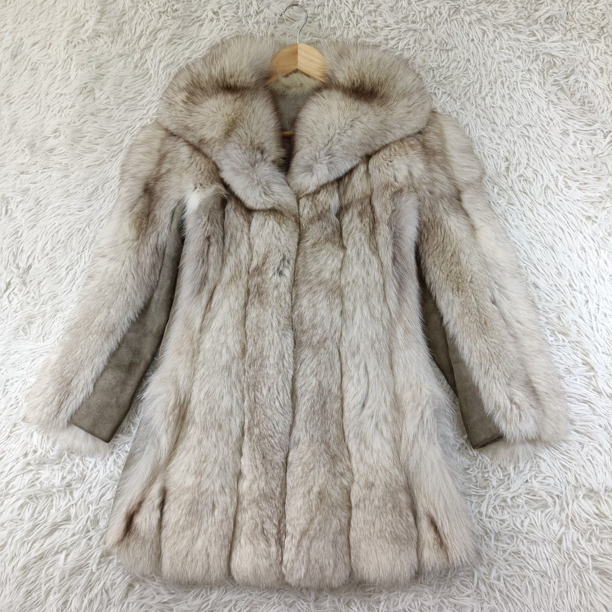 着丈76cm ブルーフォックス ファーコート リアルファー レザー切替 貂