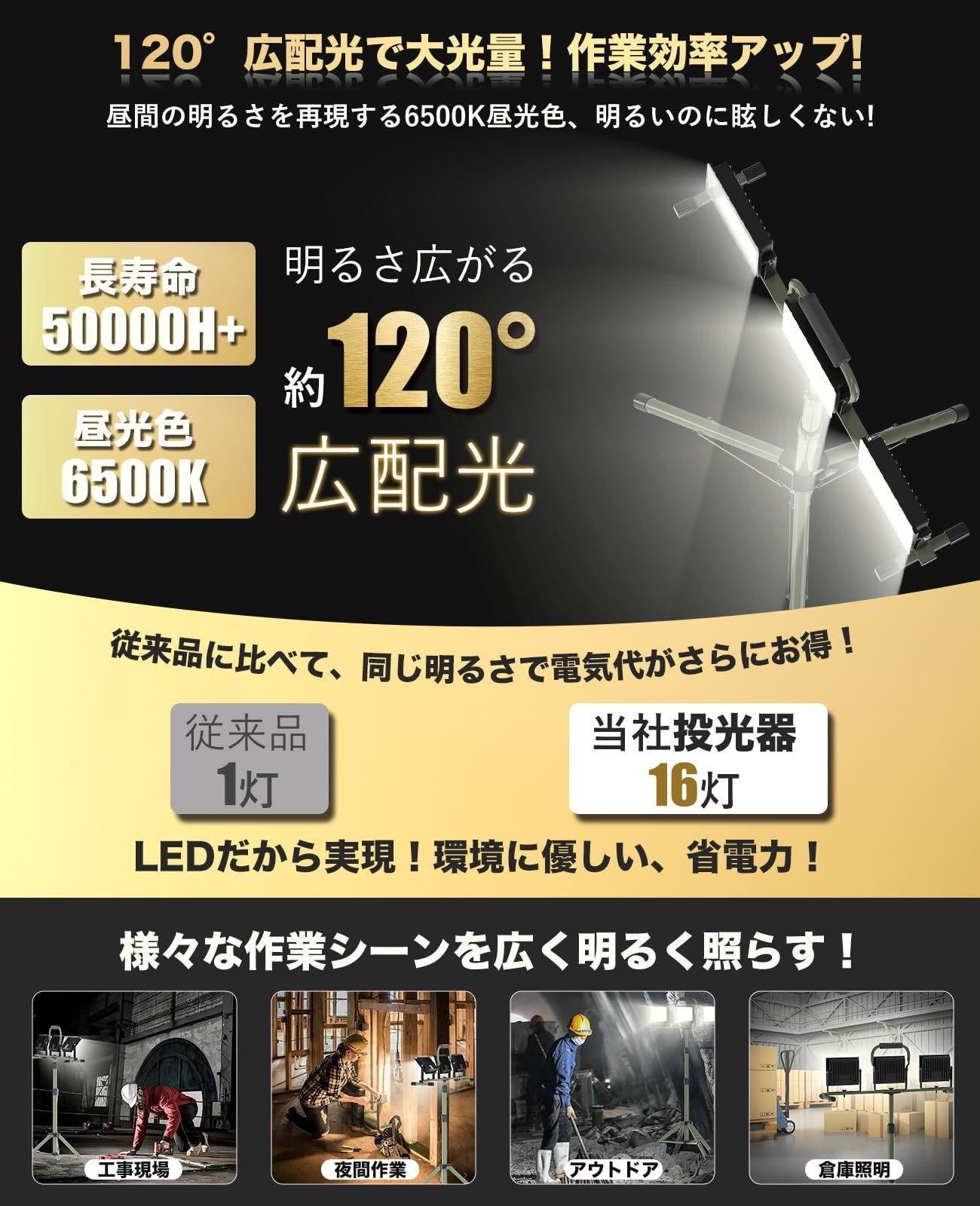  省エネ 長寿命 高放熱 軽量 高輝度 広角120° 6500 K 100 V 昼光色 作業ライト 携帯式 高さ調節106 195 cm 伸縮タイプ 三脚付きスタンドライト 折畳 スタンド付き投光器 三脚 2灯対応 防水IP 66 スタンド ワークライト 屋外照明 屋外 懐中電灯 ハンディライト ライト ランタン