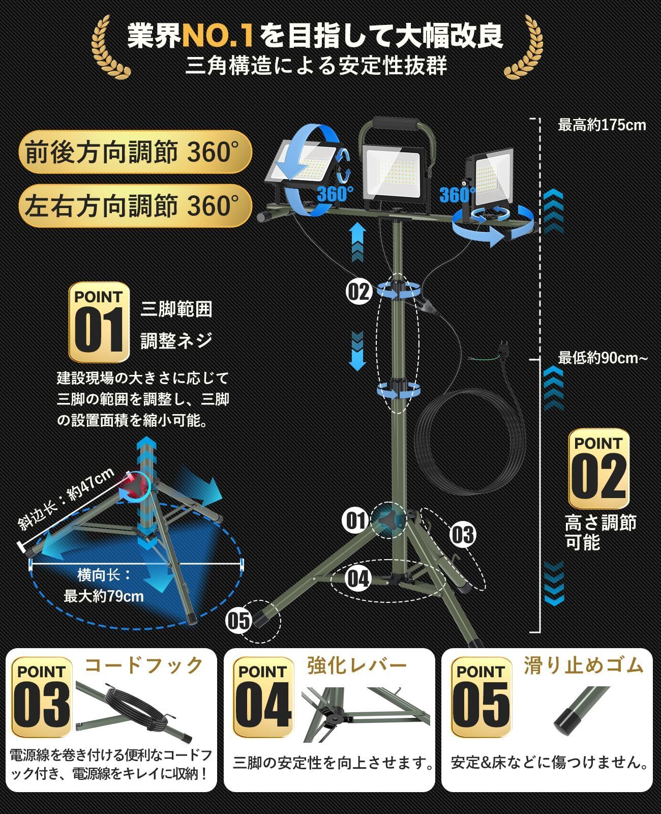 省エネ 長寿命 高放熱 軽量 高輝度 広角120° 6500 K 100 V 昼光色 作業ライト 携帯式 高さ調節106 195 cm 伸縮タイプ 三脚付きスタンドライト 折畳 スタンド付き投光器 三脚 2灯対応 防水IP 66 スタンド ワークライト 屋外照明 屋外