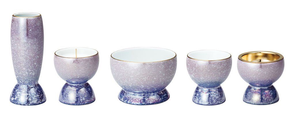 サンメニー 和 モダン 仏具 5点セット 本格 有田焼 日本製 インテリアに馴染む おしゃれ お花 ろうそく 線香 お茶 ご飯 現代仏壇 お仏壇 仏具小物 光綺 バイオレット|ブルー フラワースタンド キャンドルスタンド インセンスホルダー タンブラー