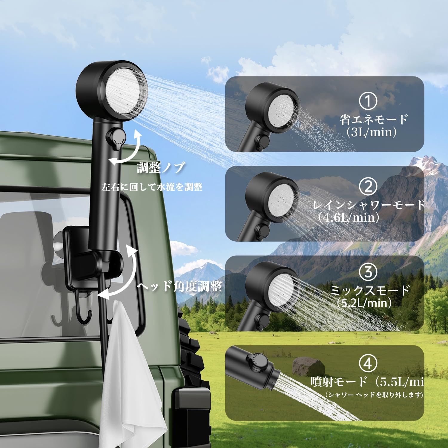 ポータブルシャワー キャンプ 電動シャワー ポンプ 8000mAh充電式 簡易