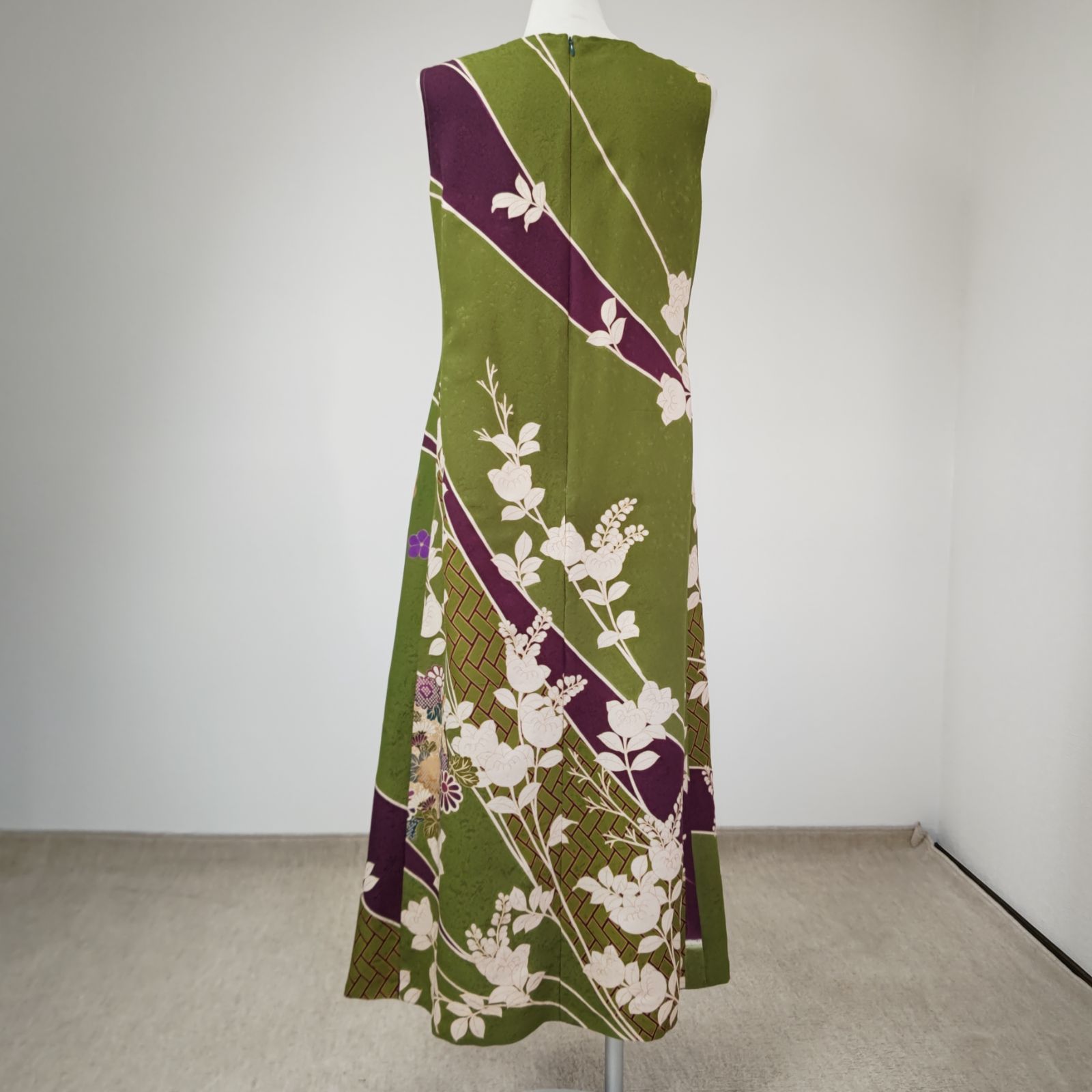 zunezune 振袖ドレス ノースリーブ 着物リメイクワンピース 抹茶色