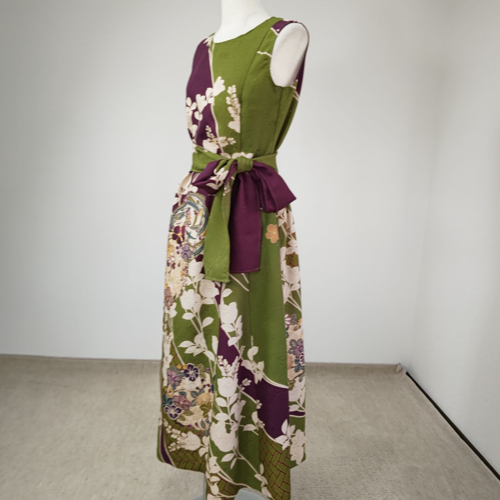 zunezune 振袖ドレス ノースリーブ 着物リメイクワンピース 抹茶色