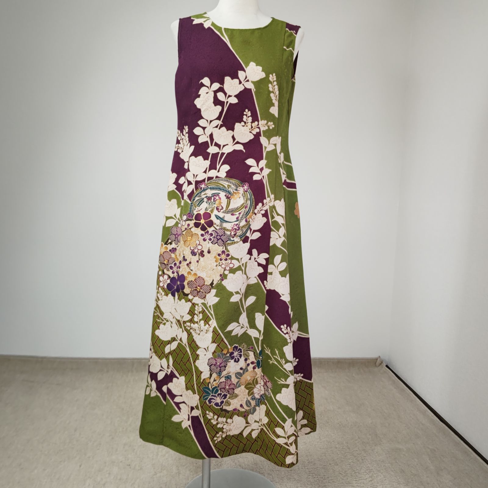 zunezune 振袖ドレス ノースリーブ 着物リメイクワンピース 抹茶色