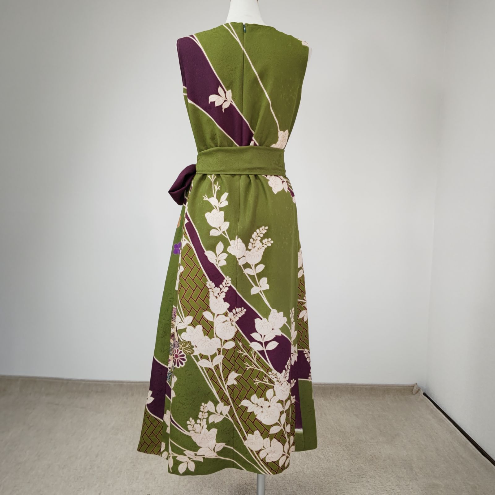 zunezune 振袖ドレス ノースリーブ 着物リメイクワンピース 抹茶色