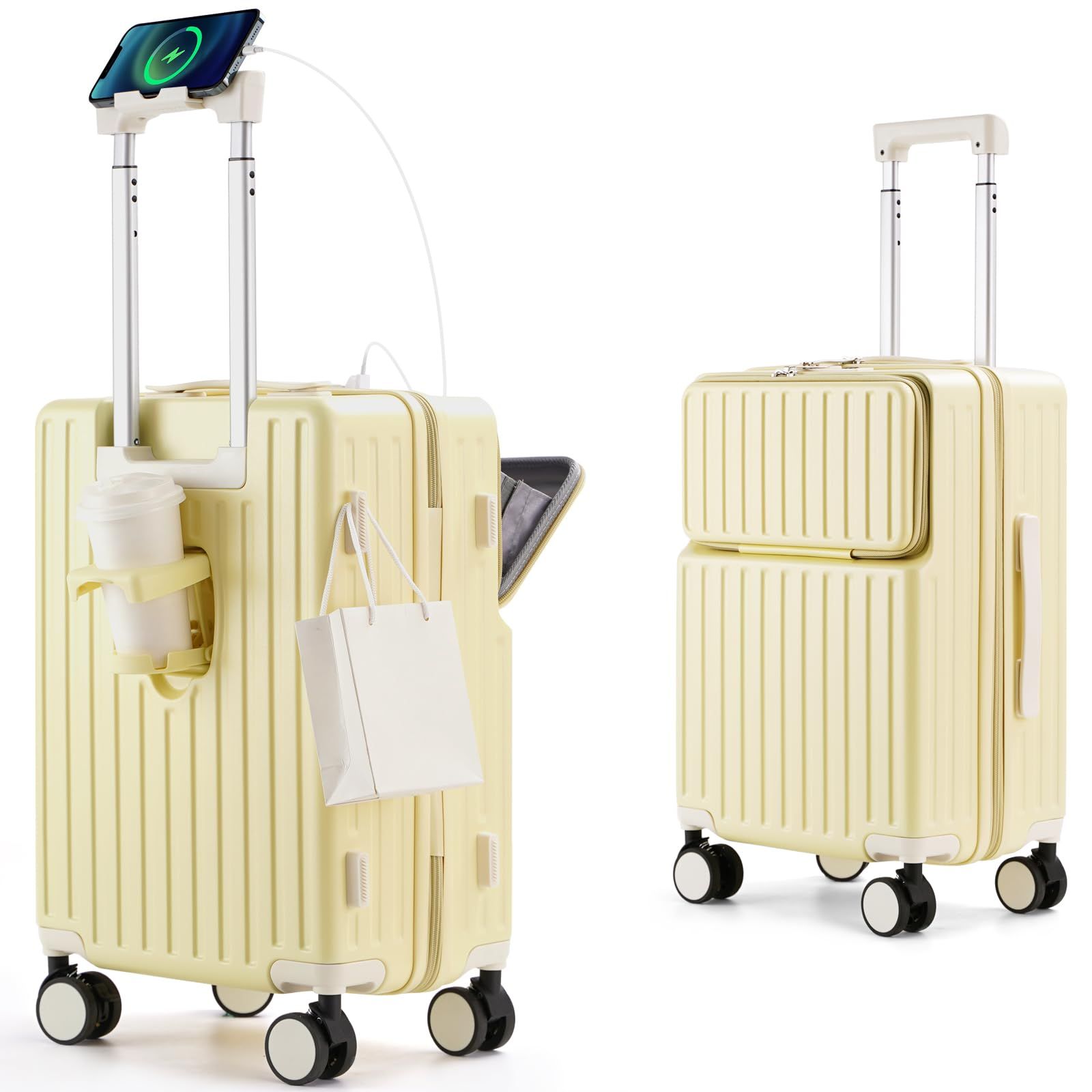 前開き キャリーバッグ 耐衝撃 USBポート付き 超軽量 360度回転 多機能キャリーケース ダブルキャスター 機内持ち込み 軽量 スーツケース 旅行 ビジネス フロントオープン 出張 Mularda イエロー