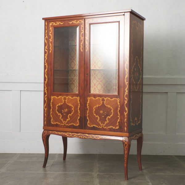 イタリア製 クラシック 象嵌 飾り棚 マホガニー ガラス キャビネット