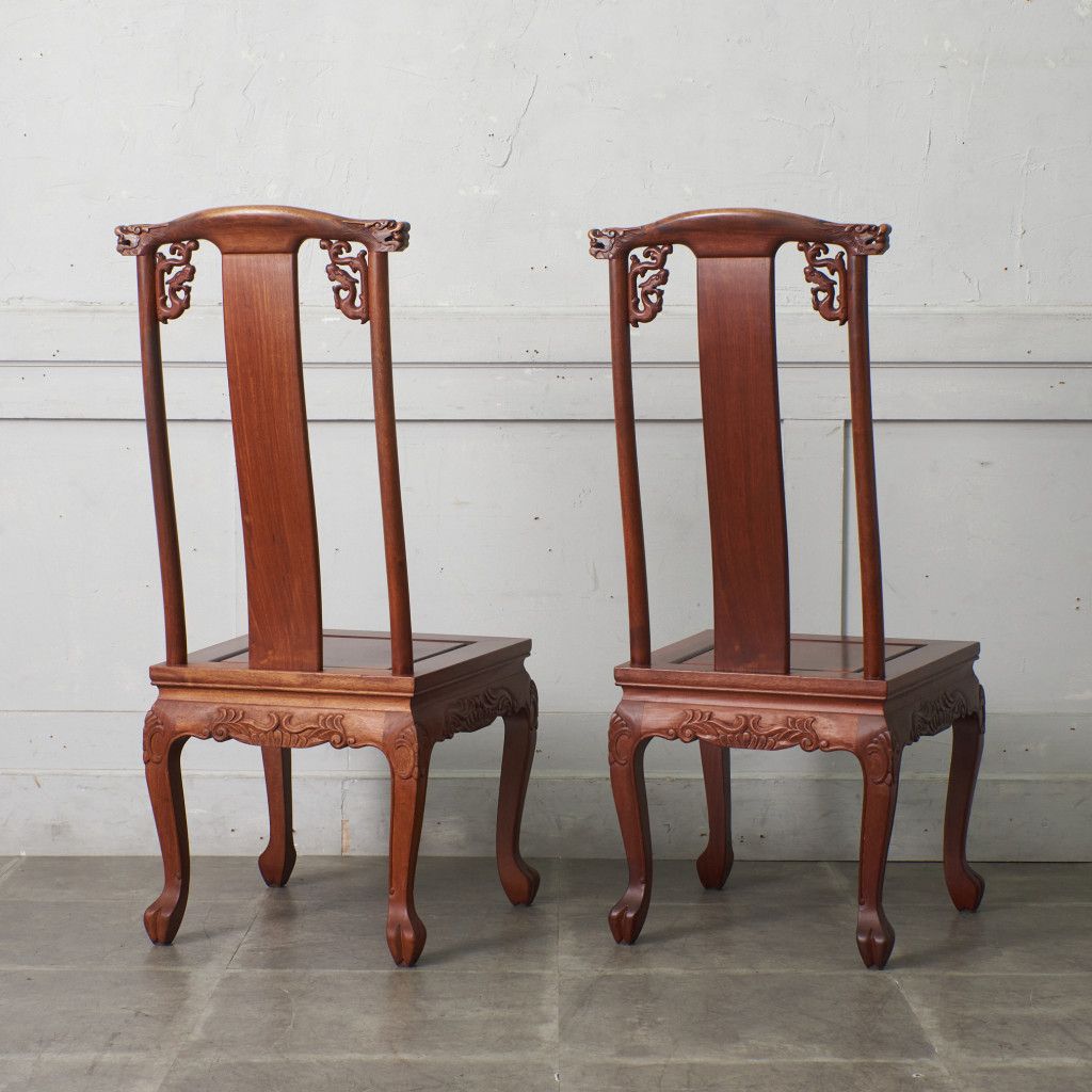 高級家具　螺細細工　花梨　中国美術　サイドテーブル　椅子　唐木　家具　木製 2脚セット 螺鈿細工 花梨 ダイニングチェア 中国美術 椅子 透かし彫り