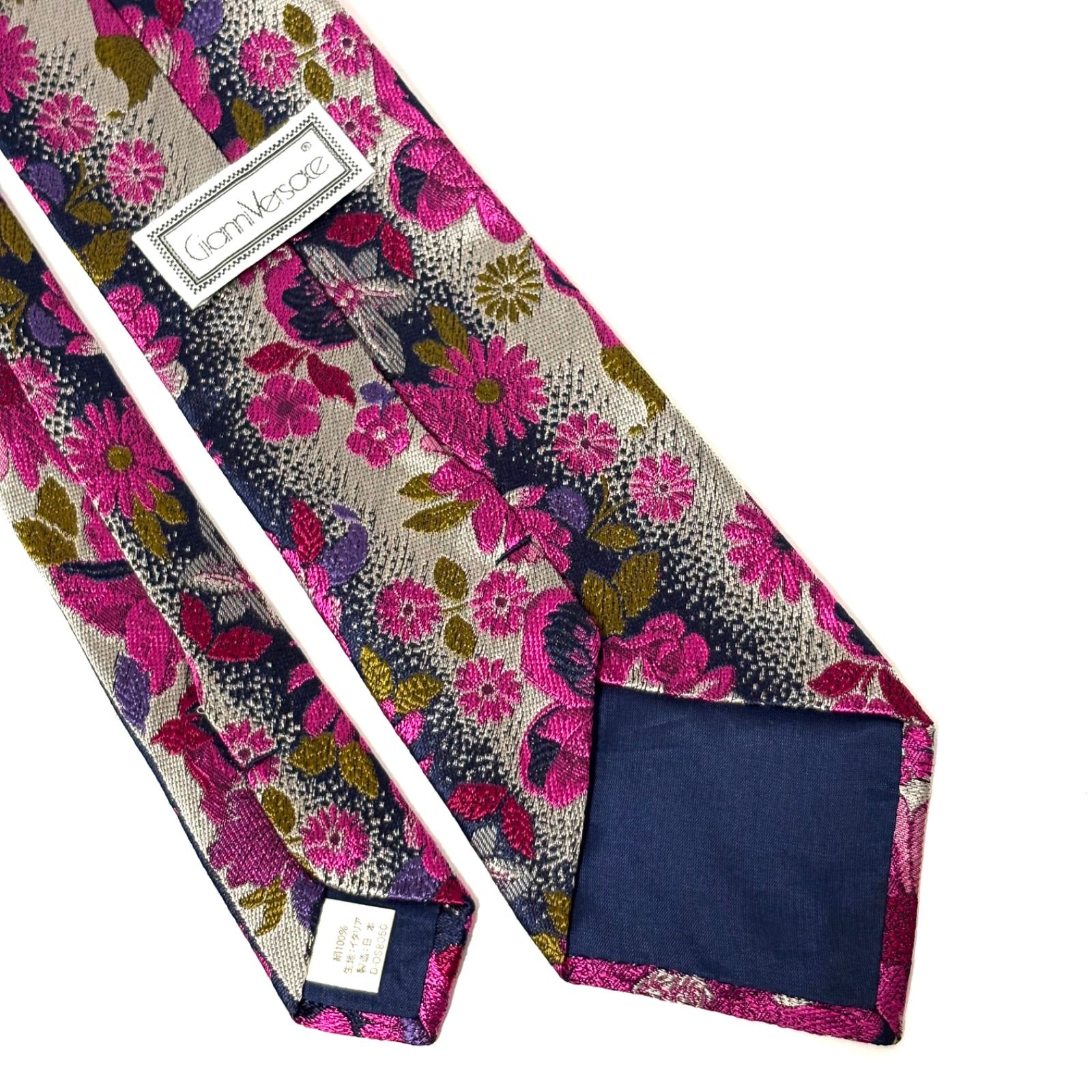 ジャンニ ヴェルサーチ ネクタイ 光沢 シルバグレー×ネイビー×ピンク