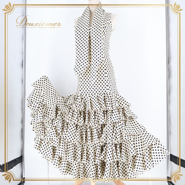 フラメンコ 衣装 ワンピース ドレス 水玉 ドット フリル ボウタイ オフ