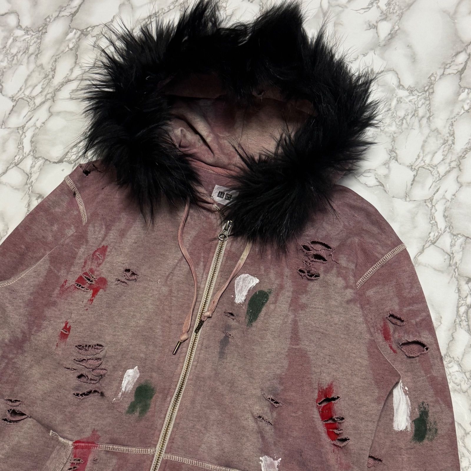 希少【Remake 【商品名】grunge opium fur zip parka hoodie/ペンキ 