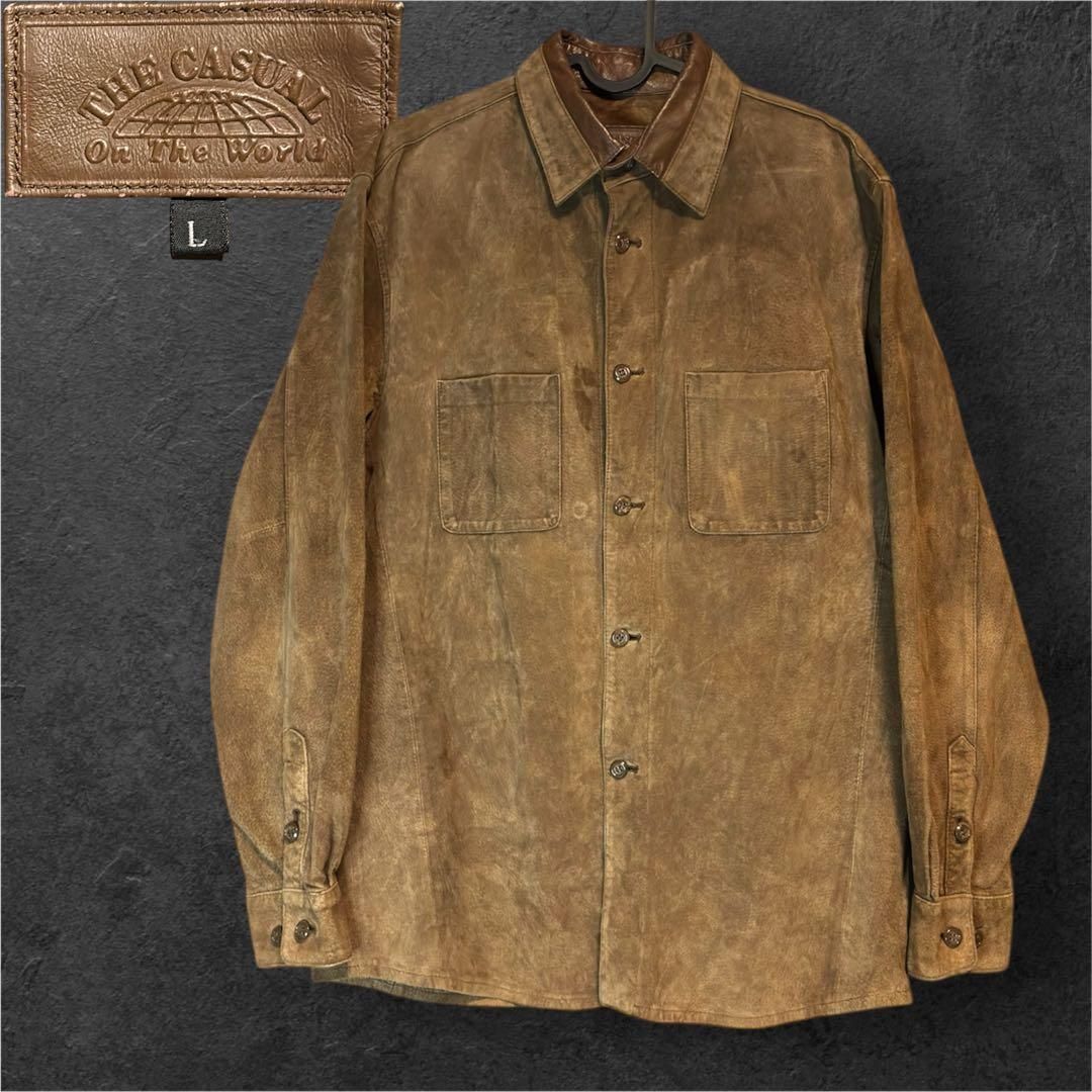 希少 90s ヴィンテージ 豚革スエードシャツジャケット 襟レザー L 渋