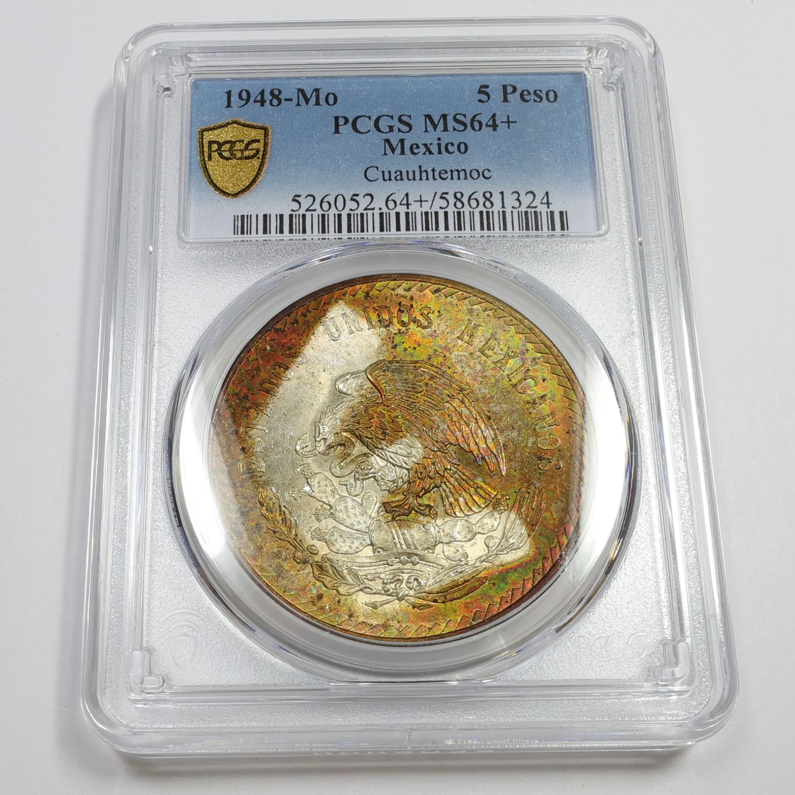 1948 Mo PCGS MS64+ Pl - メキシコ Td シルバー 5 ペソ クアウテモック