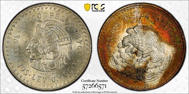 1948 Mo PCGS MS63 - メキシコ Td シルバー 5 ペソ クアウテモック