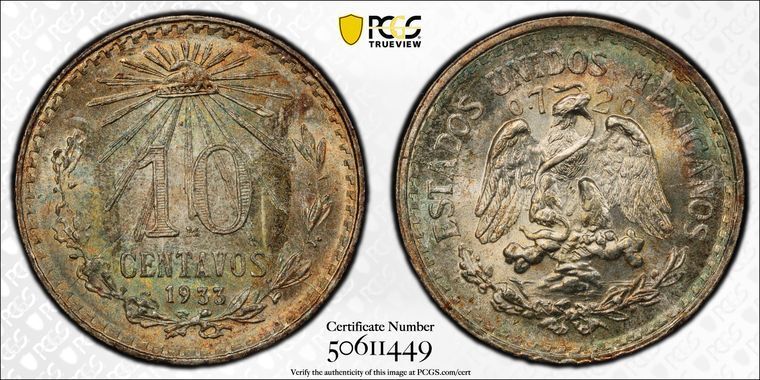 1933年 M PCGS MS67 - メキシコ - 10センタボ 10セントコイン - メルカリ