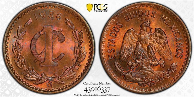 1936年 Mo PCGS MS66 RB - メキシコ - TD 1 センタボ 1セントコイン
