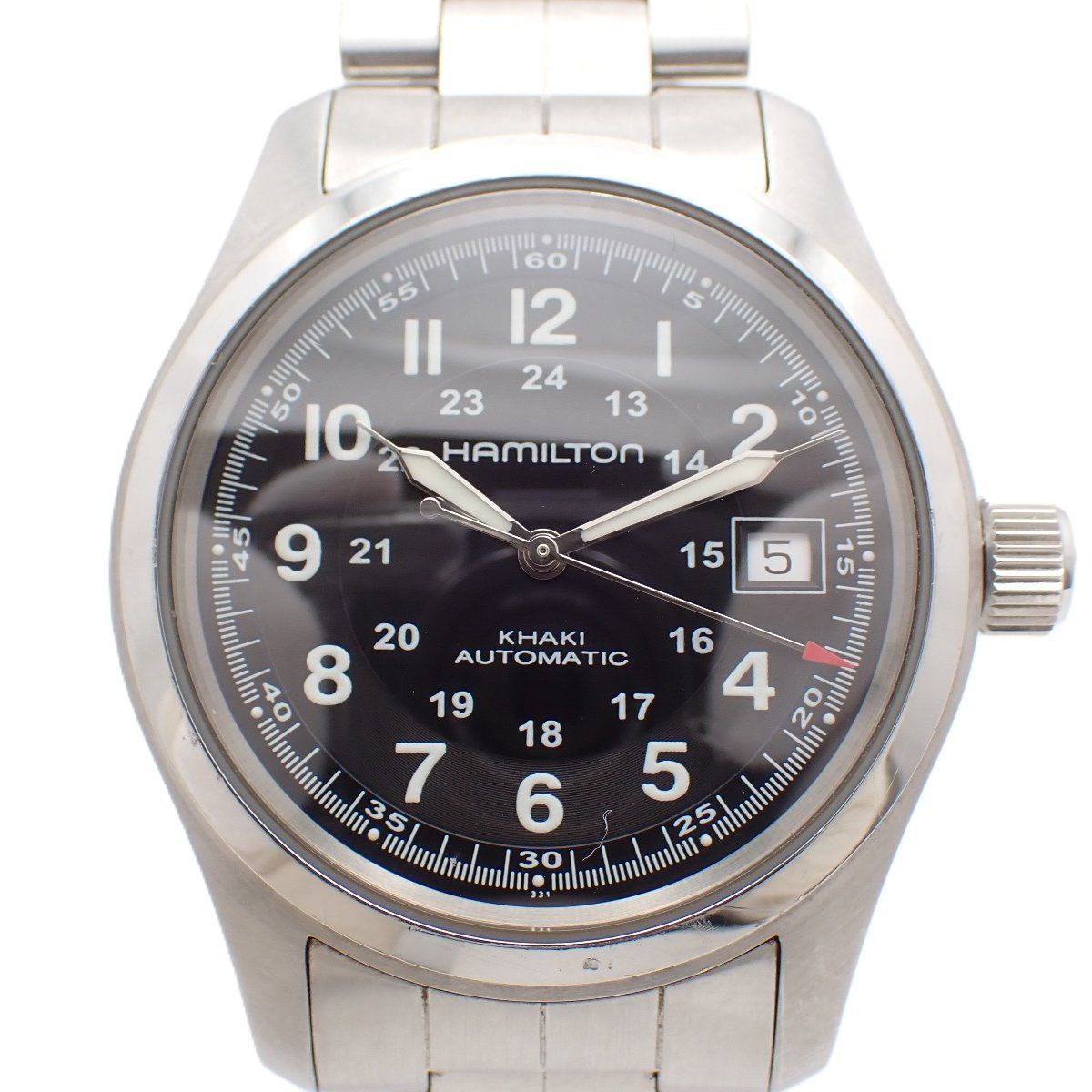 ハミルトン カーキフィールド 自動巻き メンズ 腕時計 黒文字盤 裏スケ 純正SSベルト H704450 いおき質店