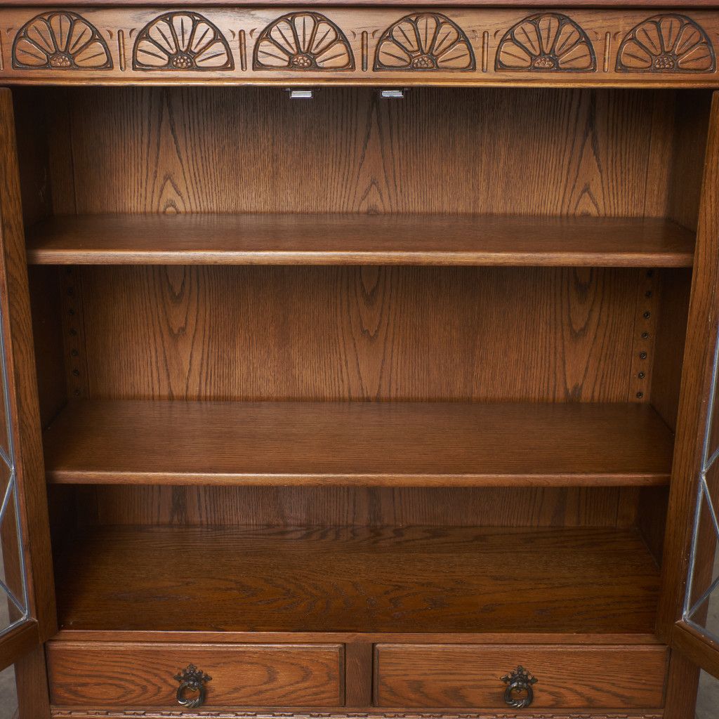 英国 クラシック ブックケース 木彫刻 オーク 本棚 ガラス